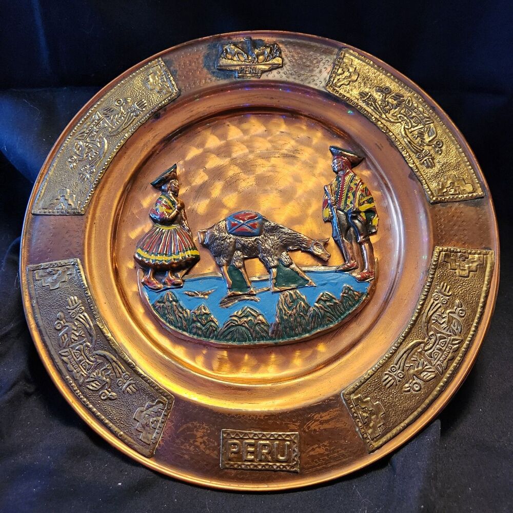 Vintage Peru Copper Metal Decorative Plate Handpainted